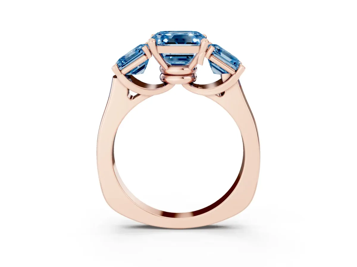 Fancy Blue Three-Stone Asscher Cut Brilliant Diamond Trellis Ring with Comfort Fit Band Rose gold