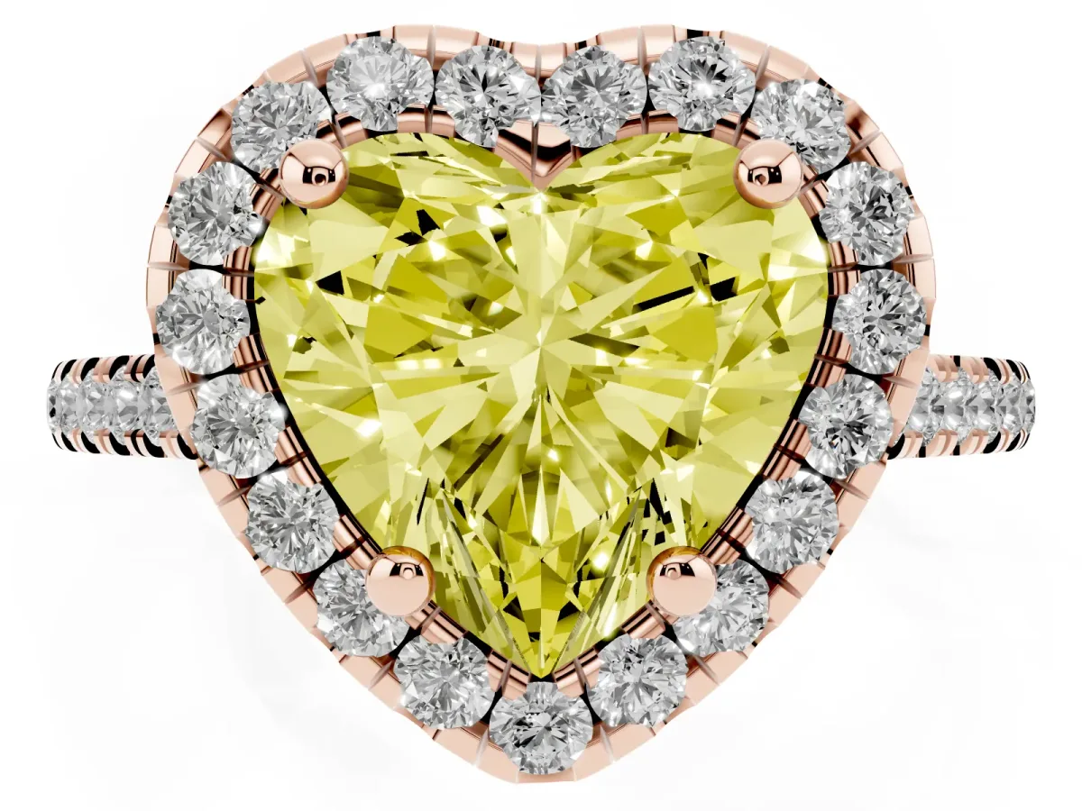 Fancy Yellow Heart Cut Diamond Cushion Halo Ring with Pavé Band Rose gold