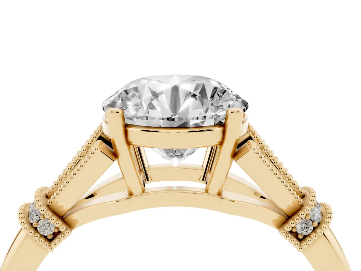 Round Cut Diamond Solitaire Ring with Floral Filigree and Pave Accents Yellow gold