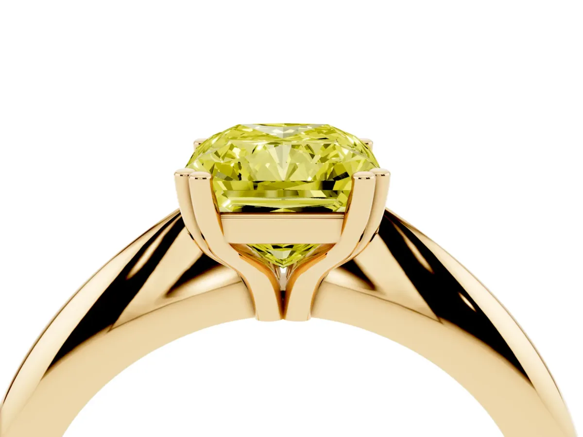 Fancy Yellow Radiant Cut Cut Solitaire Engagement Ring with Tapered Band and Four-Prong Setting Yellow gold