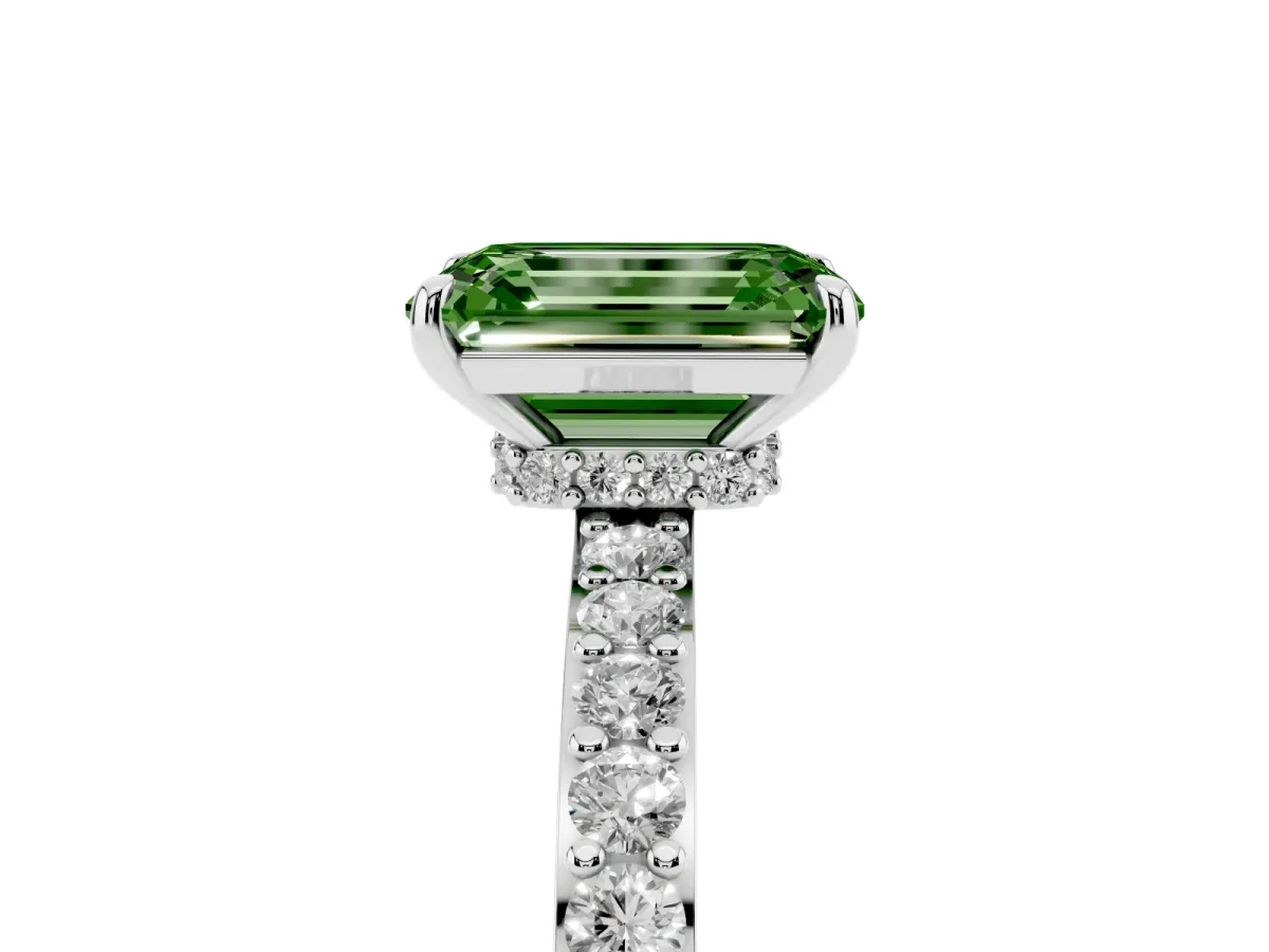 Fancy Green Emerald Cut Diamond Solitaire Engagement Ring with Pavé Band and Four-Prong Setting Platinum