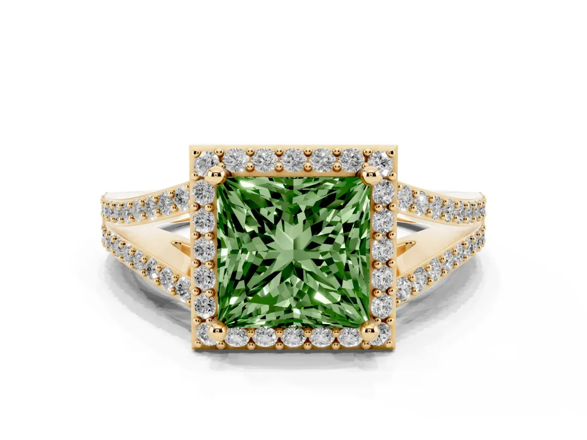 Fancy Green Princess Cut Halo Split Shank Diamond Ring with Prong Setting Yellow gold