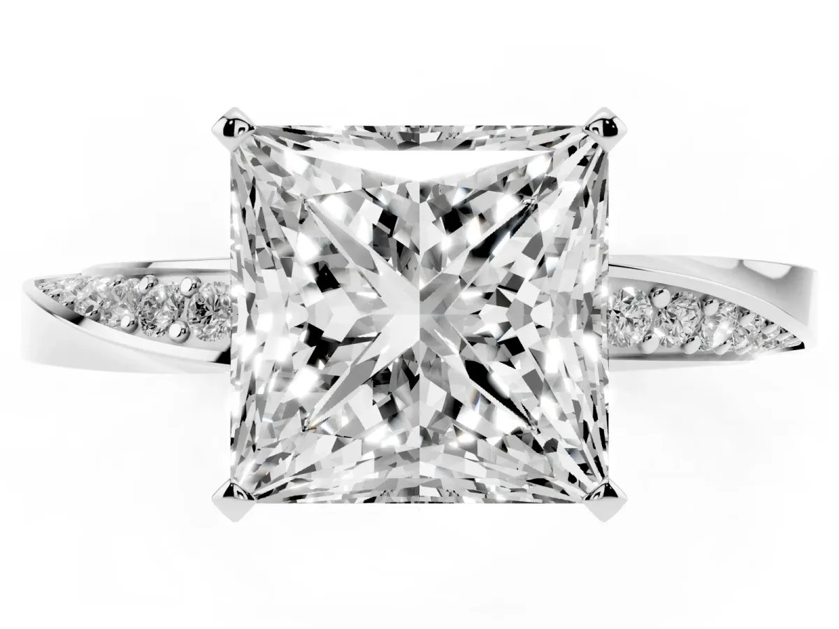 Princess Cut Diamond Engagement Ring with Side Stone Accents and Four-Prong Setting Platinum