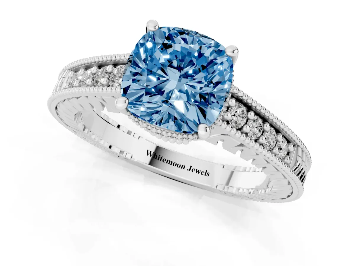 Fancy Blue Cushion Cut Solitaire Pavé Diamond Milgrain Engagement Ring with Four-Prong Setting Silver
