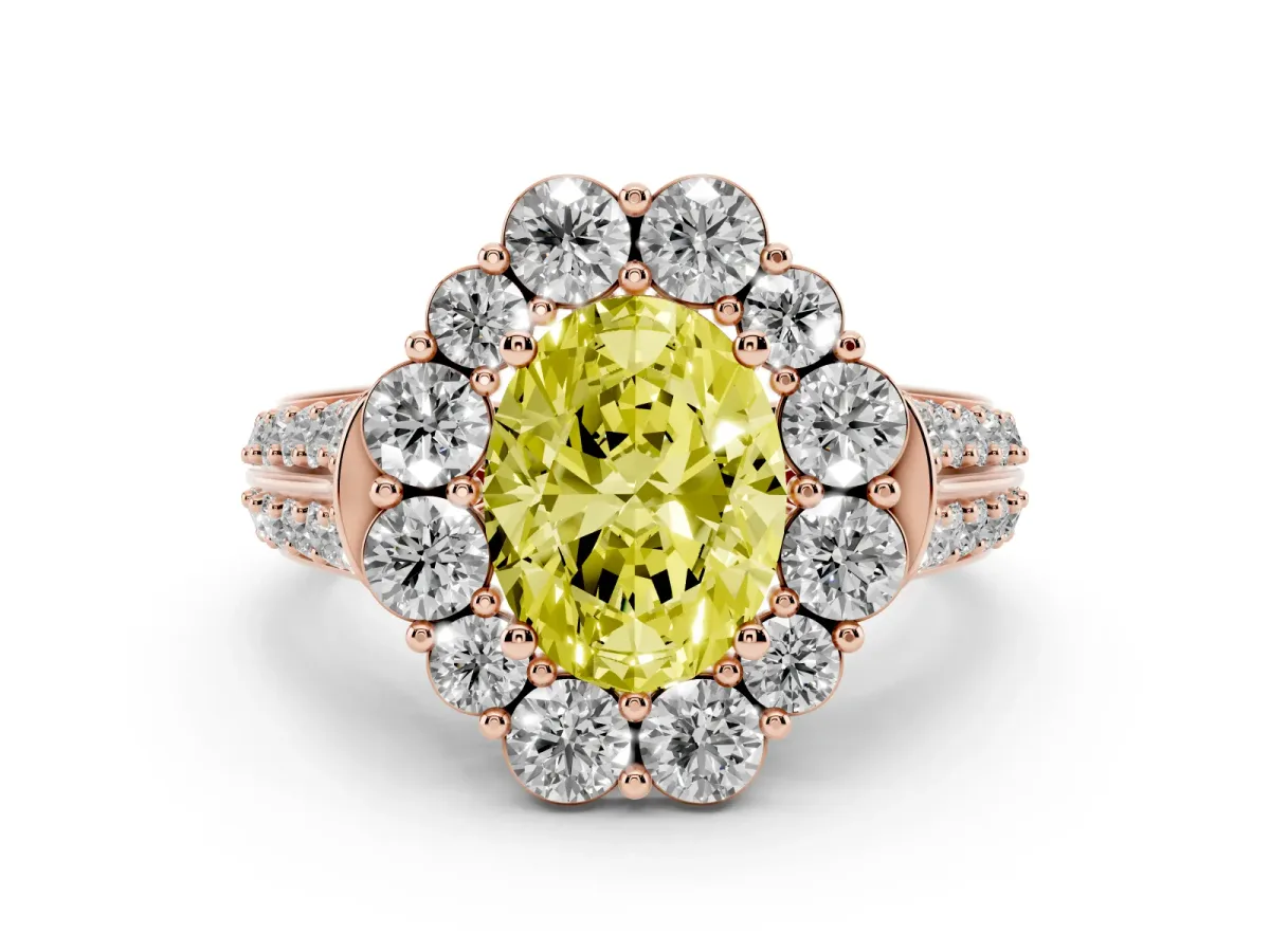 Fancy Yellow Oval Cut Halo Diamond Engagement Ring with Split Shank and Prong Setting Rose gold