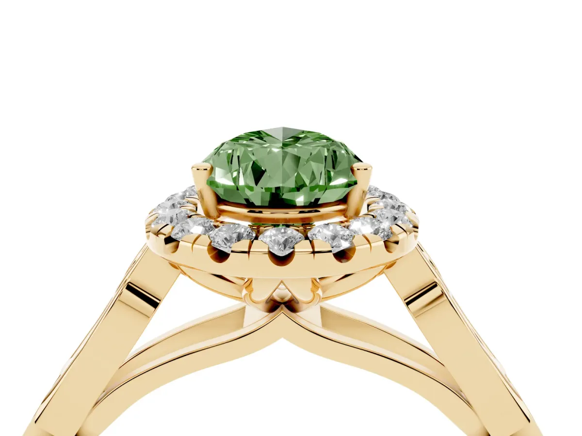 Fancy Green Pear Cut Halo Diamond Engagement Ring with Filigree Band and Four-Prong Setting Yellow gold