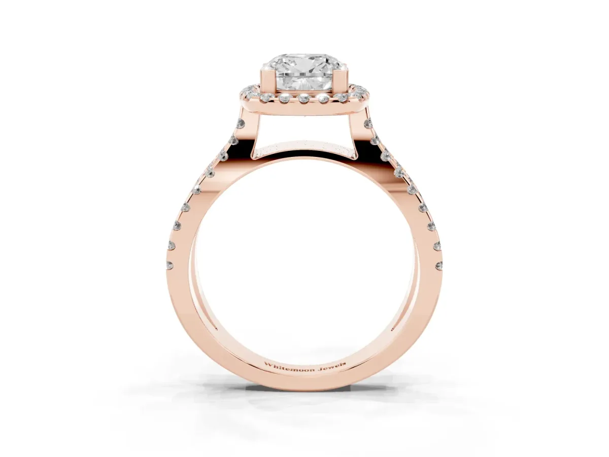 Cushion Cut Diamond Halo Ring with Split Shank Pavé Band and Prong Setting Rose gold