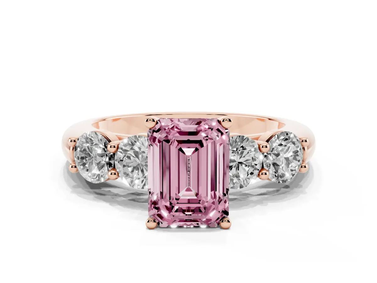 Fancy Pink Emerald Cut Cut Five-Stone Prong Set Diamond Ring with Classic Band Rose gold