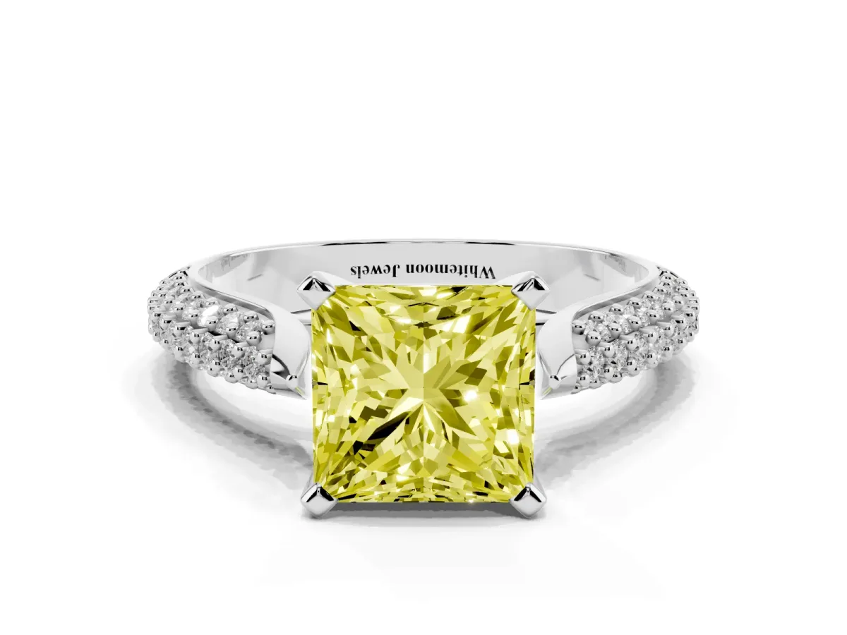 Fancy Yellow Princess Cut Diamond Solitaire Engagement Ring with Multi-Row Round Pavé Band and Prong Setting White gold