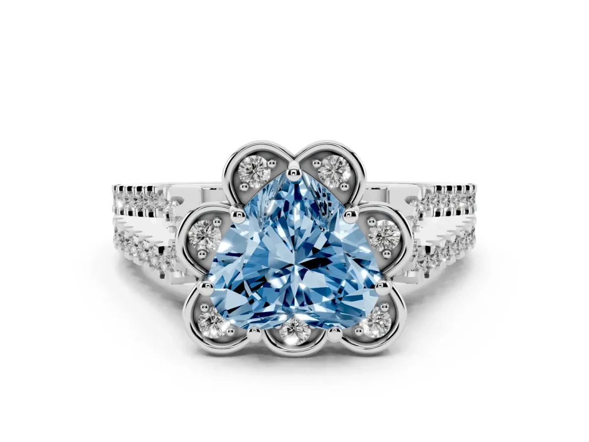 Fancy Blue Heart Cut Halo Diamond Floral Split Shank Engagement Ring Silver
