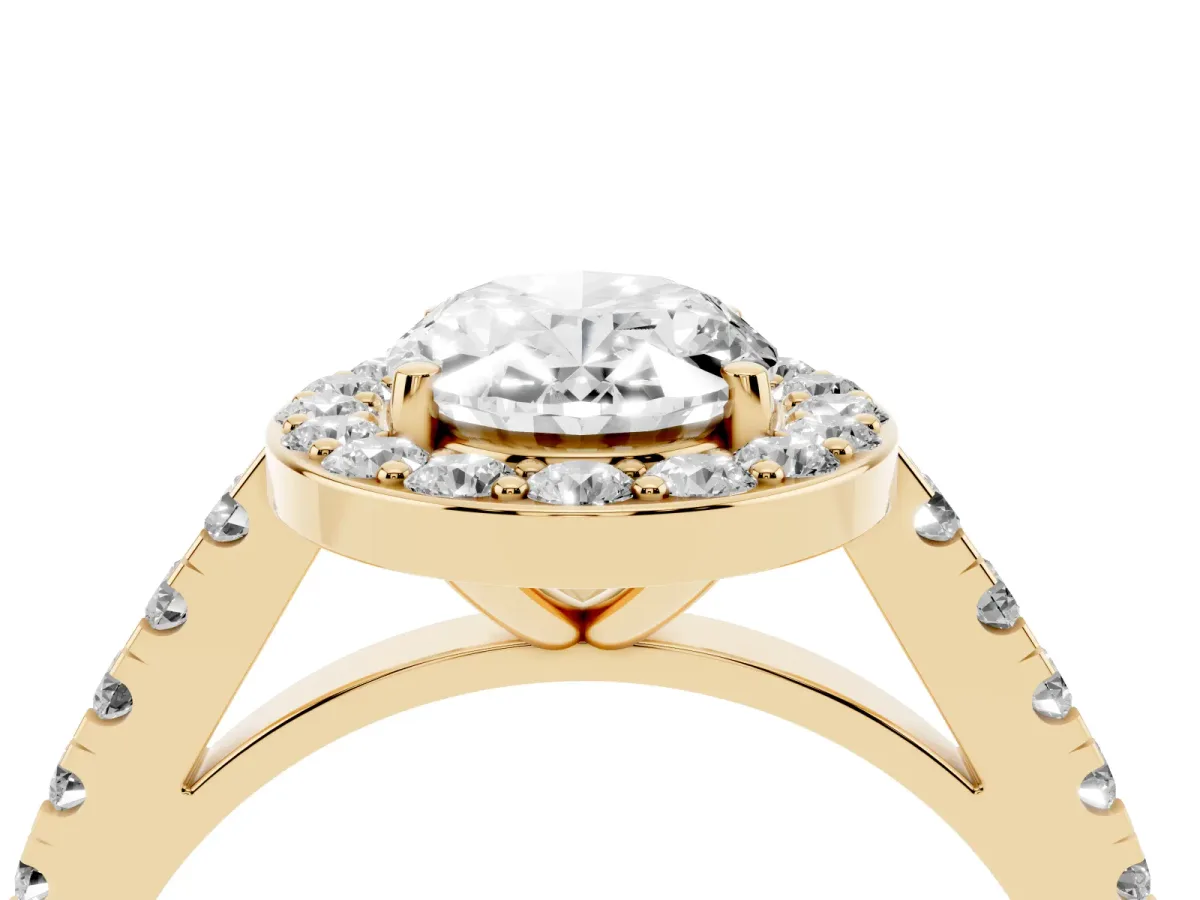 Oval Cut Diamond Halo Ring with Round Pavé Split Shank and Prong Setting Yellow gold