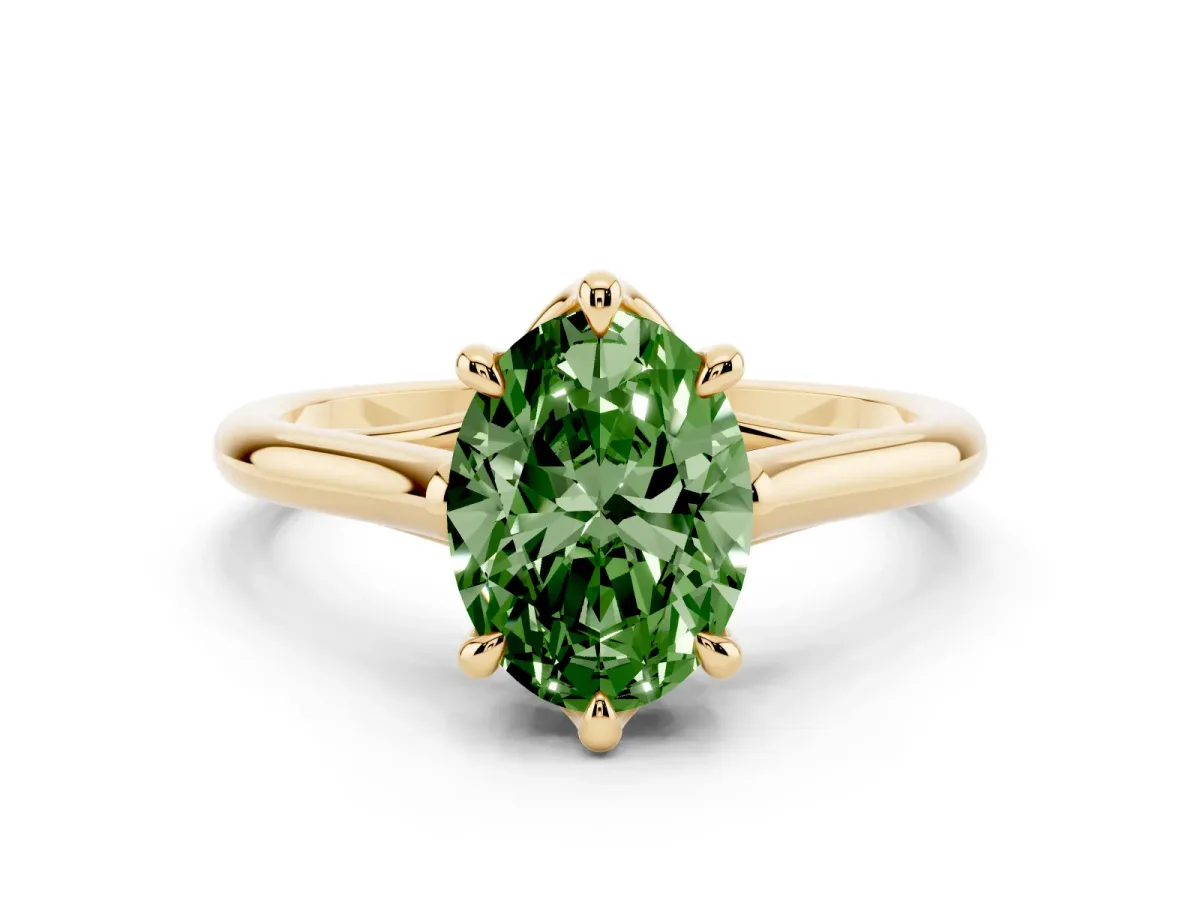 Fancy Green Oval Cut Solitaire Engagement Ring with Six-Prong Setting and Classic Band Yellow gold