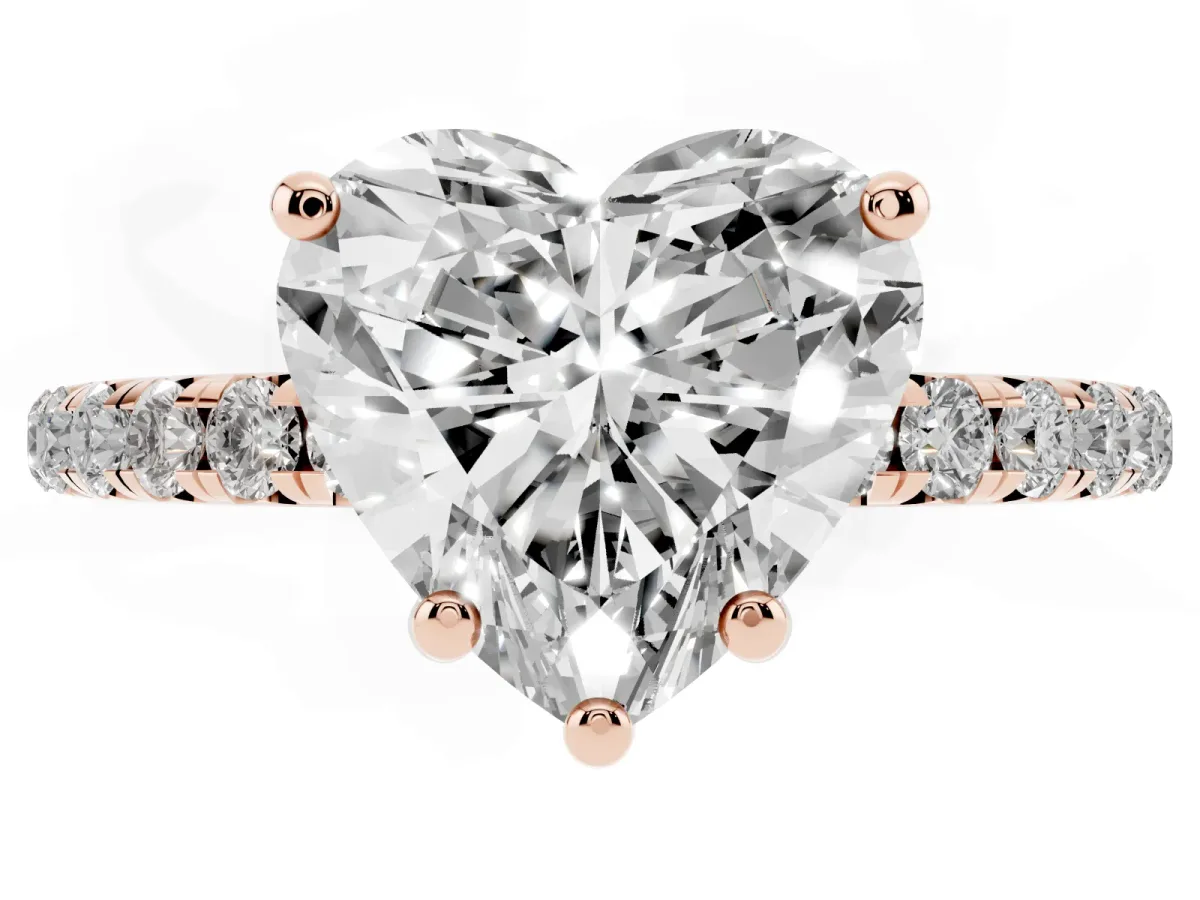 Heart Cut Cut Diamond Solitaire Ring with Micro Pave Band and Four Prong Setting Rose gold