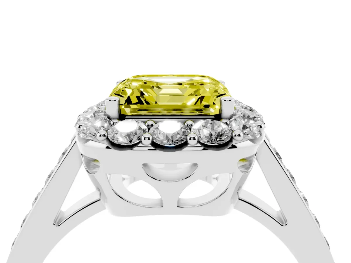 Fancy Yellow Asscher Cut Diamond Floral Halo Ring with Pavé Band and Prong Setting White gold