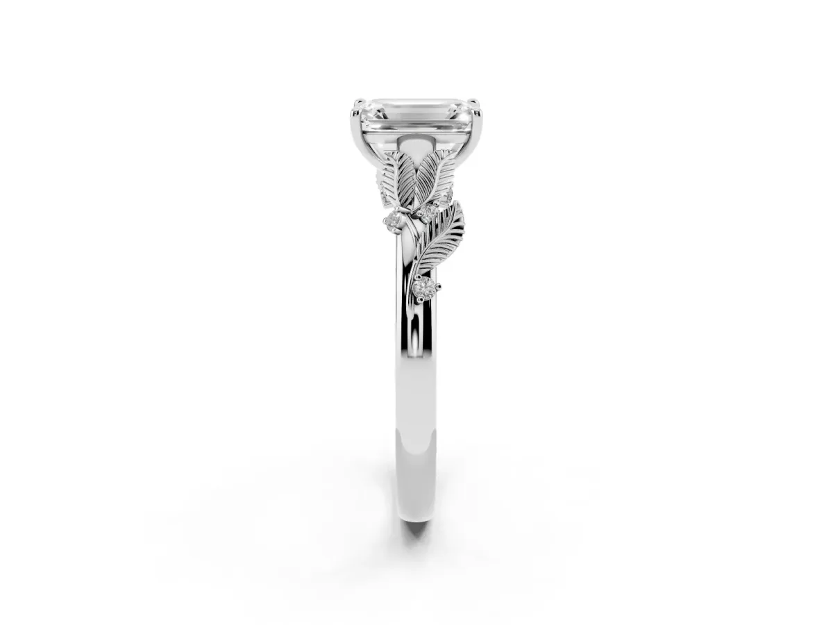 Emerald Cut Diamond Solitaire Ring with Leaf Motif Band and Four-Prong Setting Platinum
