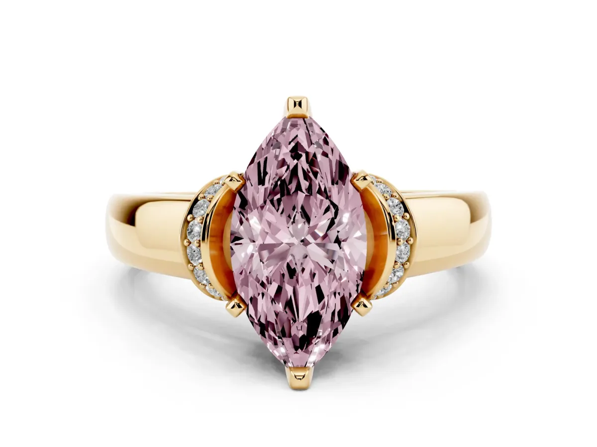 Fancy Pink Marquise Cut Solitaire Diamond Ring with Pave Band and Six-Prong Setting Yellow gold