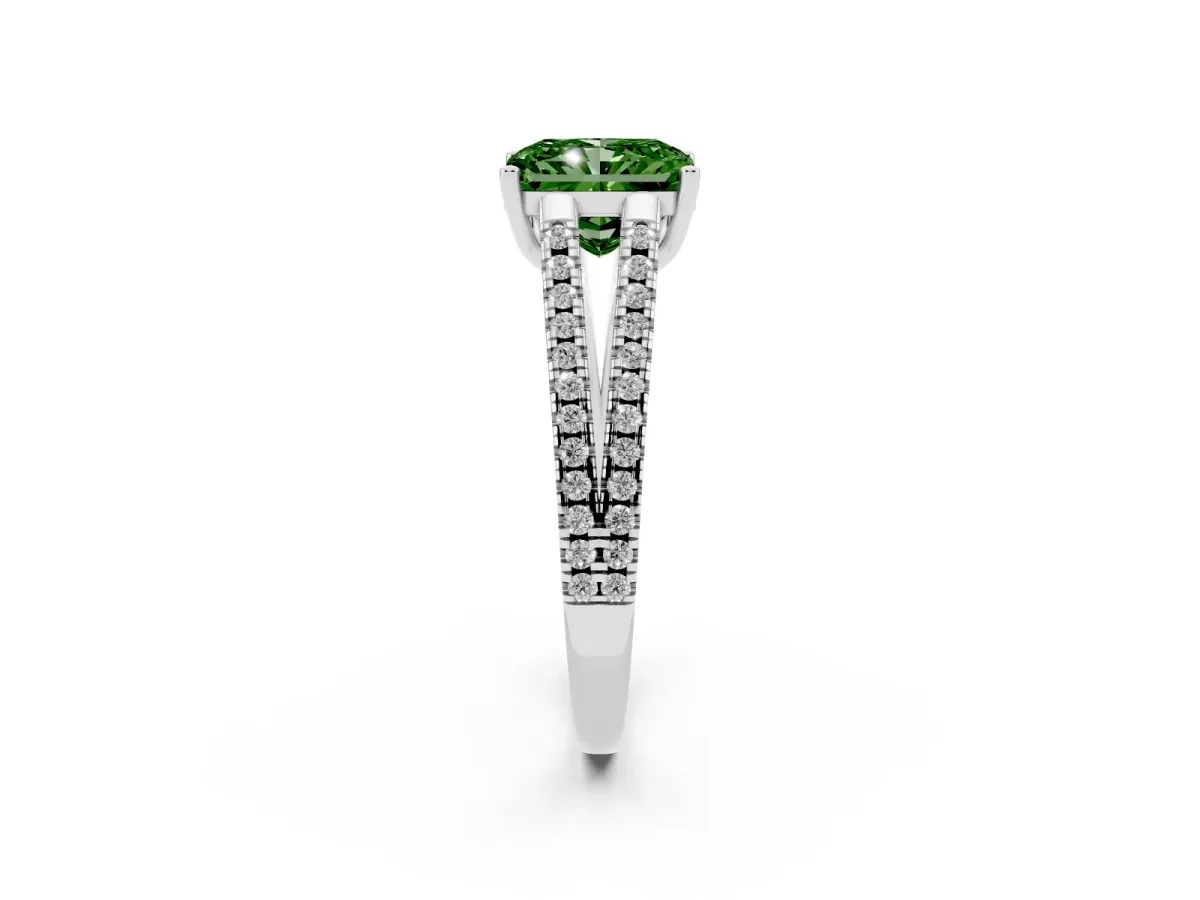 Fancy Green Radiant Cut Diamond Solitaire Engagement Ring with Split Shank Pavé Band Silver