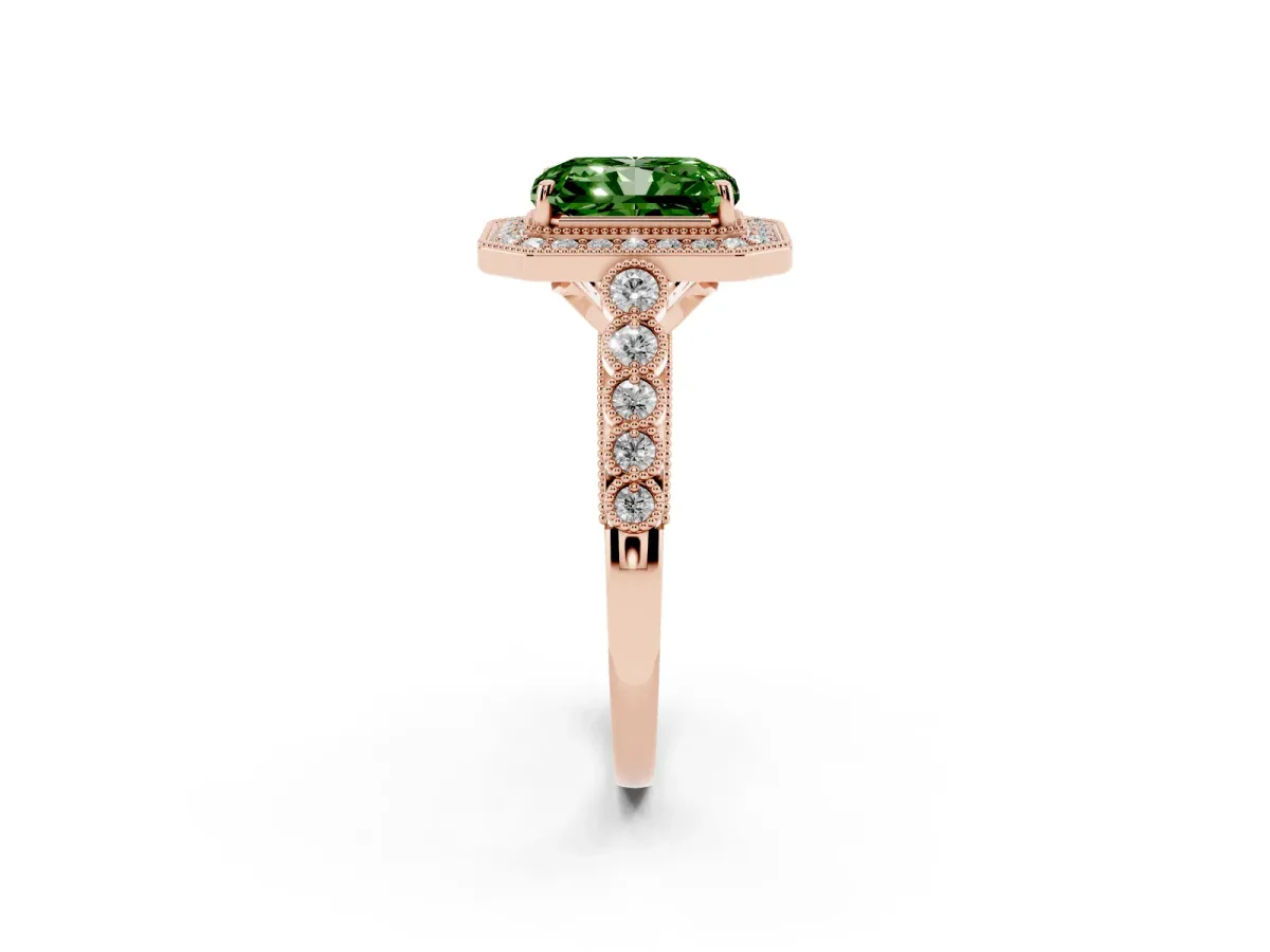 Fancy Green Radiant Cut Halo Milgrain Solitaire with Bezel Set Side Stones and Pave Band Rose gold
