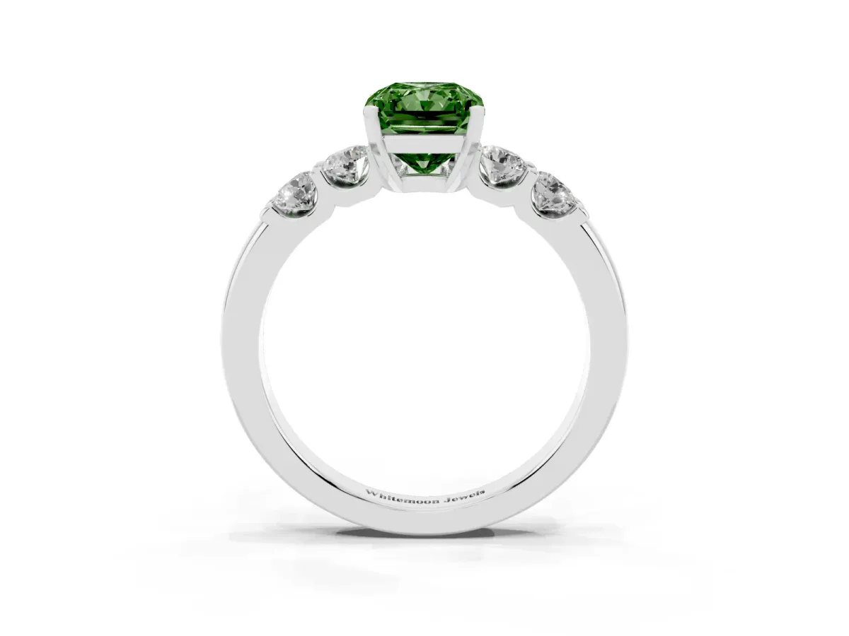 Fancy Green Radiant Cut Brilliant Cut Diamond Five-Stone Prong Set Engagement Ring with Channel Band Platinum