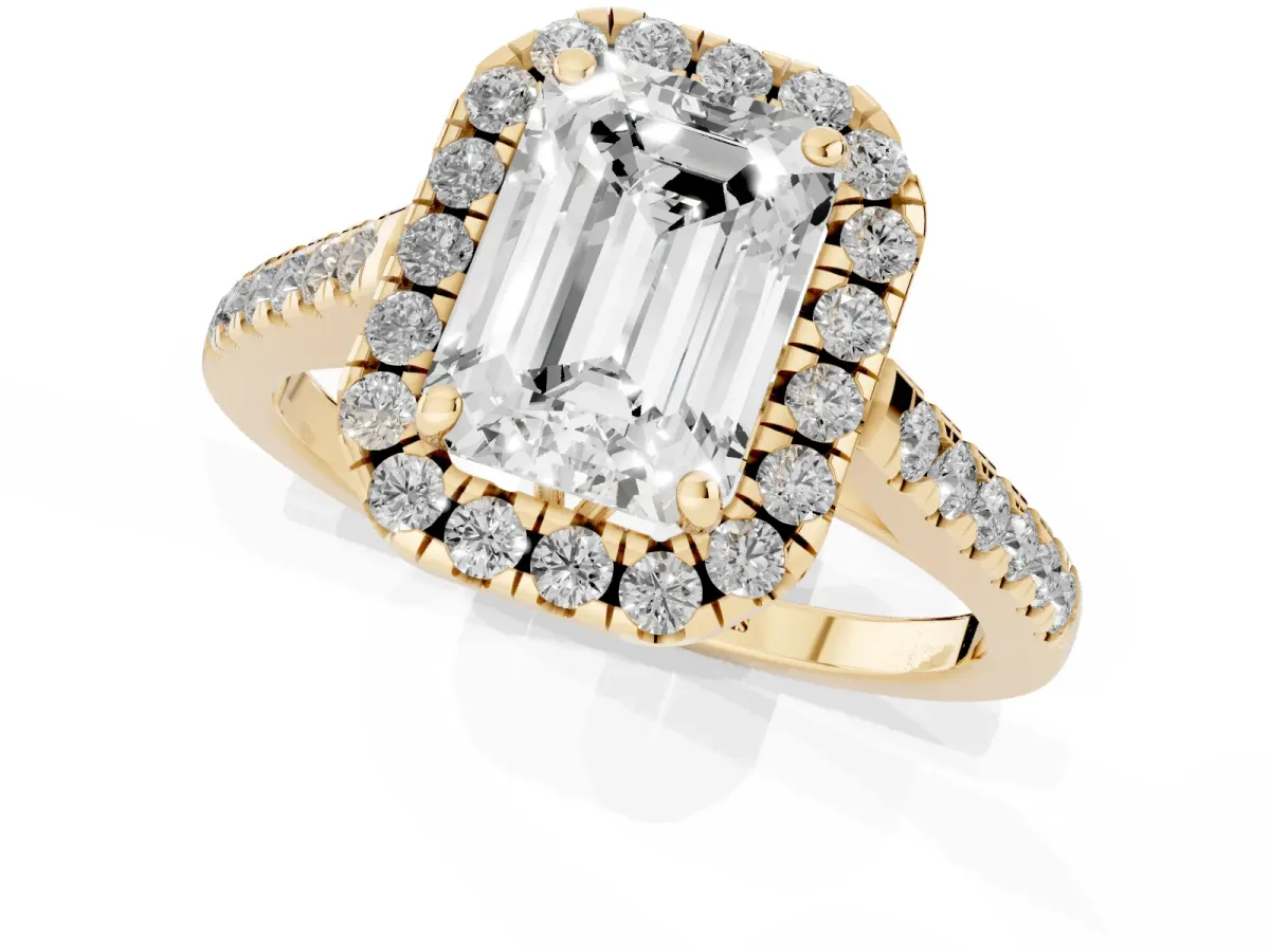 Emerald Cut Halo Pavé Diamond Engagement Ring with Four-Prong Setting Yellow gold