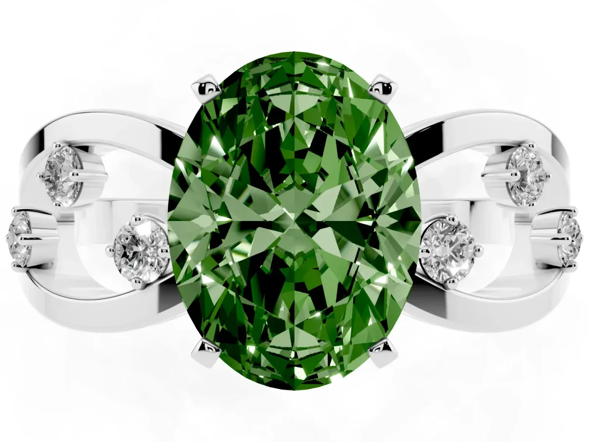 Fancy Green Oval Cut Cut Solitaire Diamond with Side Stones on Criss-Cross Band and Four-Prong Setting Silver