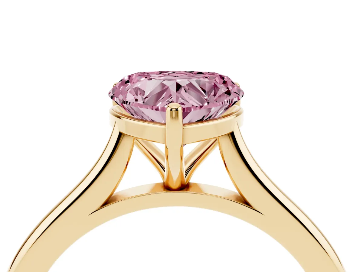 Fancy Pink Heart Cut Cut Solitaire Ring with Cathedral Band and Four-Prong Setting Yellow gold