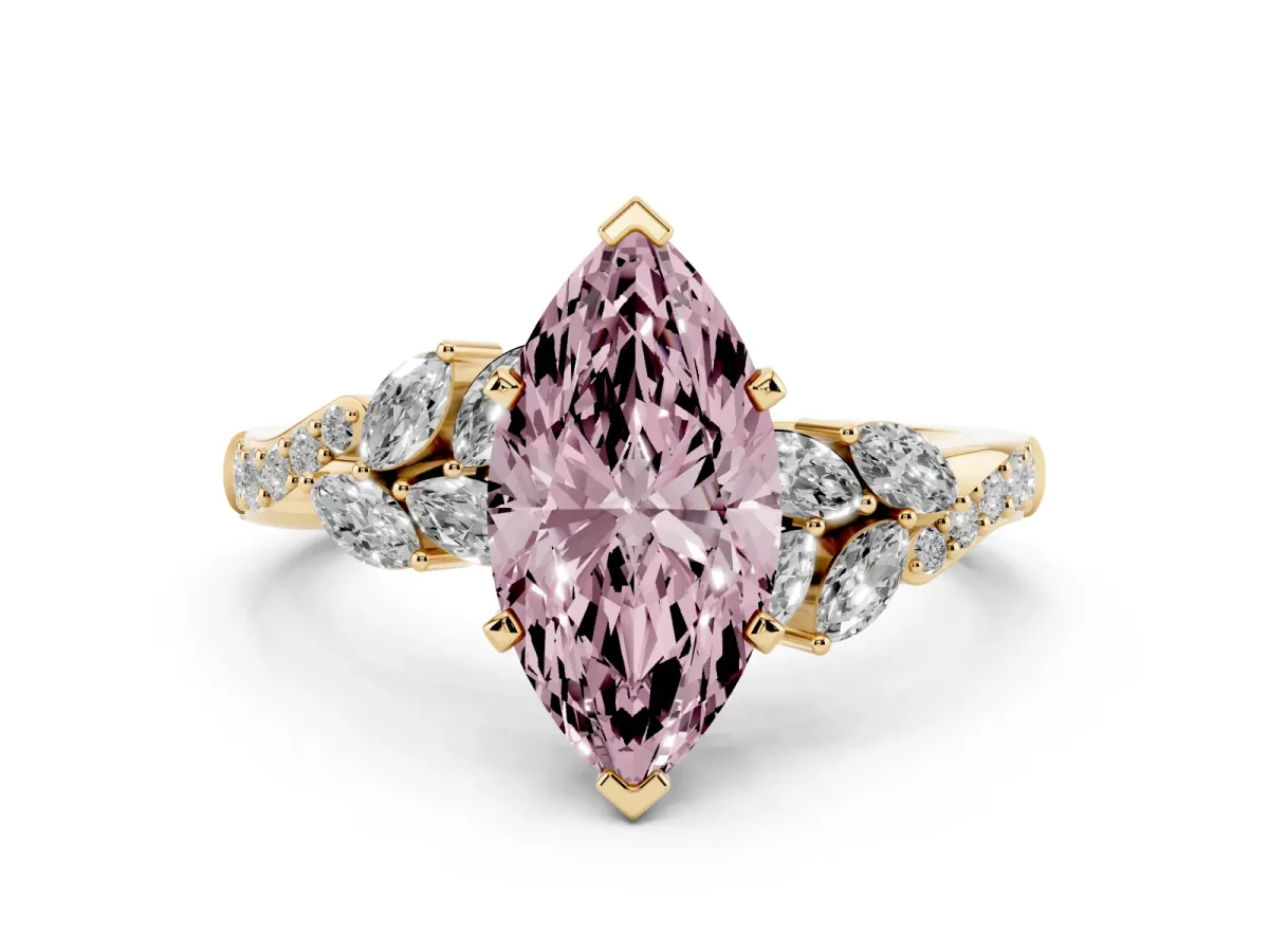 Fancy Pink Marquise Cut Solitaire Marquise Twist Band with Six-Prong Setting Yellow gold