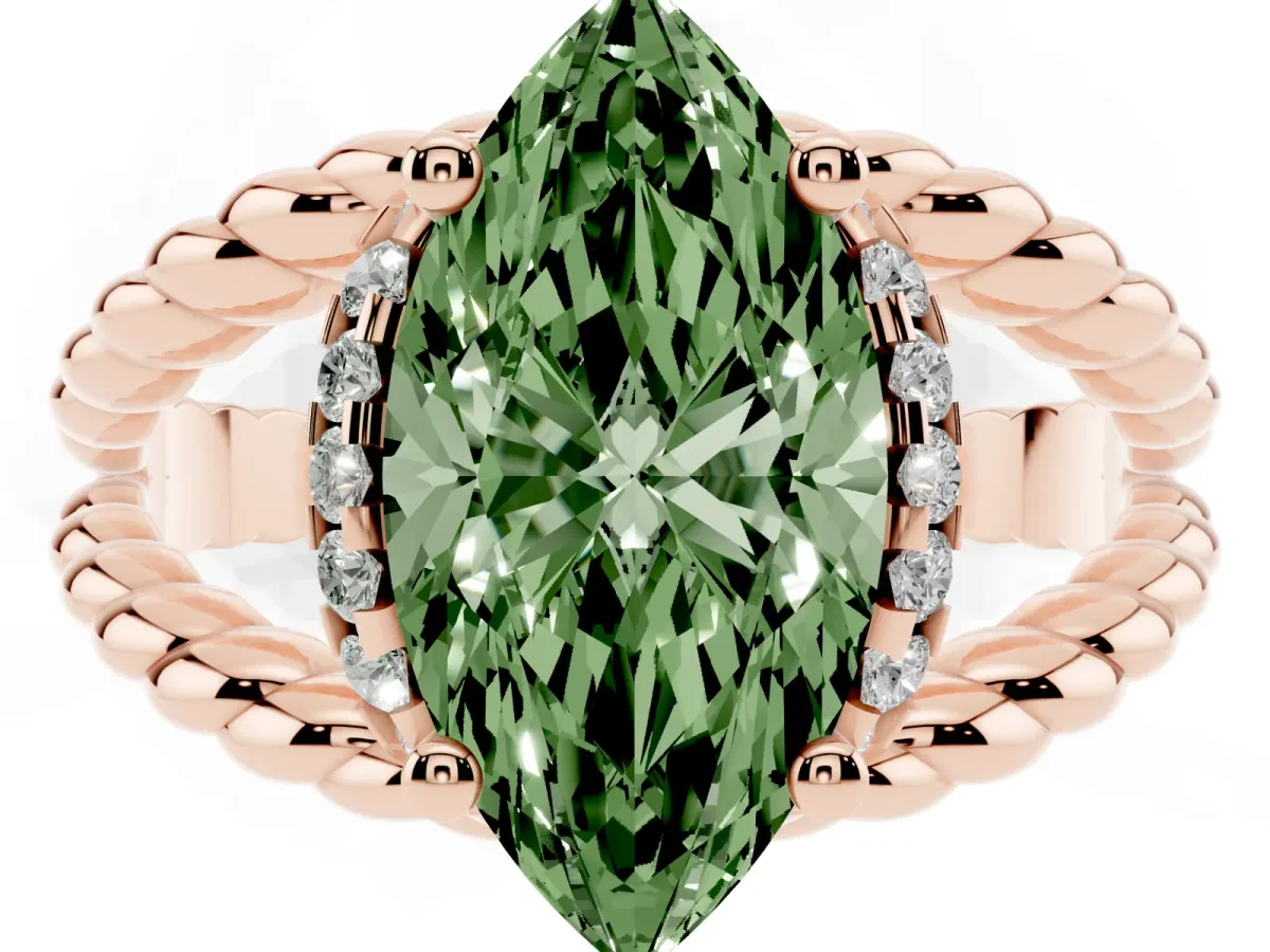 Fancy Green Marquise Cut Halo Twisted Band Four-Prong Ring Rose gold
