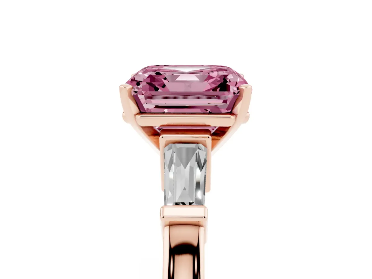 Fancy Pink Asscher Cut Cut Diamond Solitaire Ring with Tapered Baguette Accents and Four-Prong Setting Rose gold