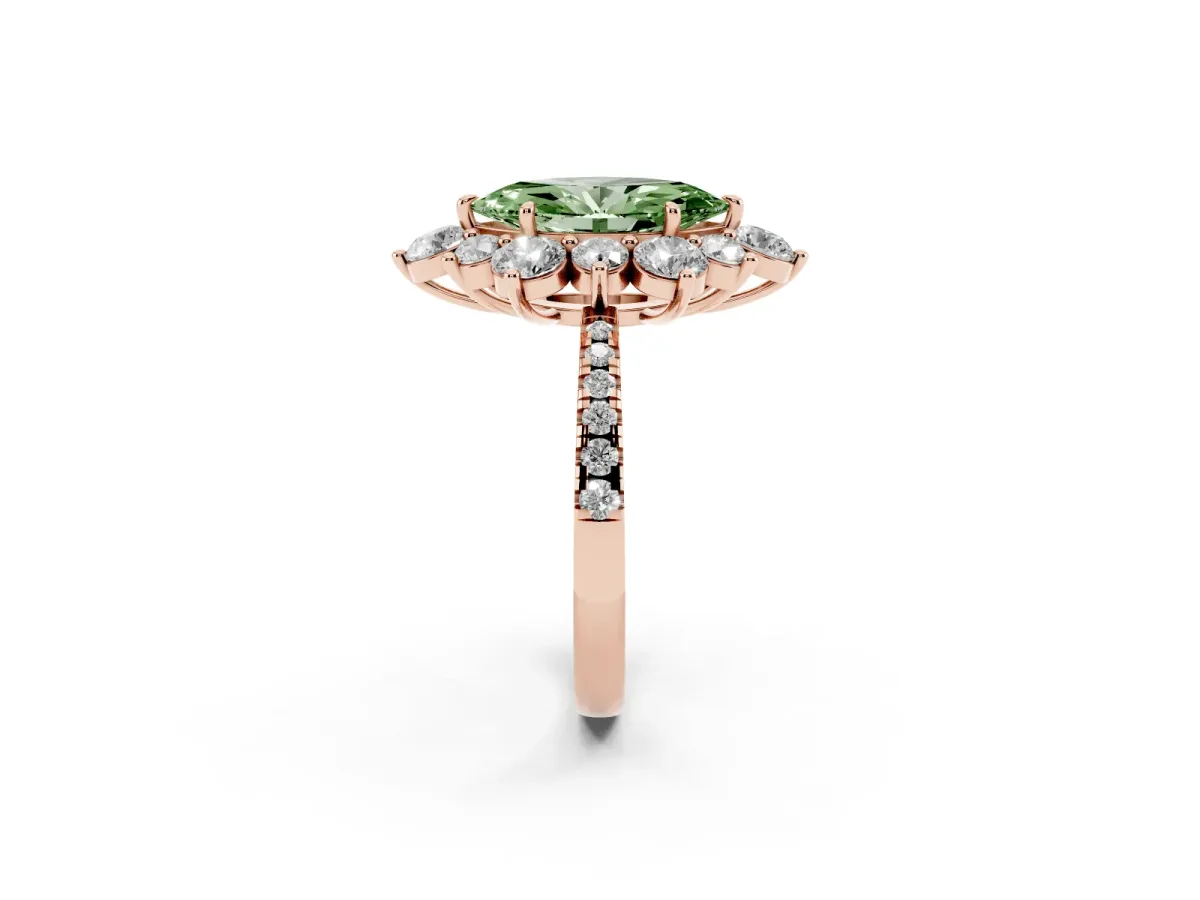 Fancy Green Marquise Cut Diamond Floral Halo Ring with Round Pavé Band and Prong Setting Rose gold