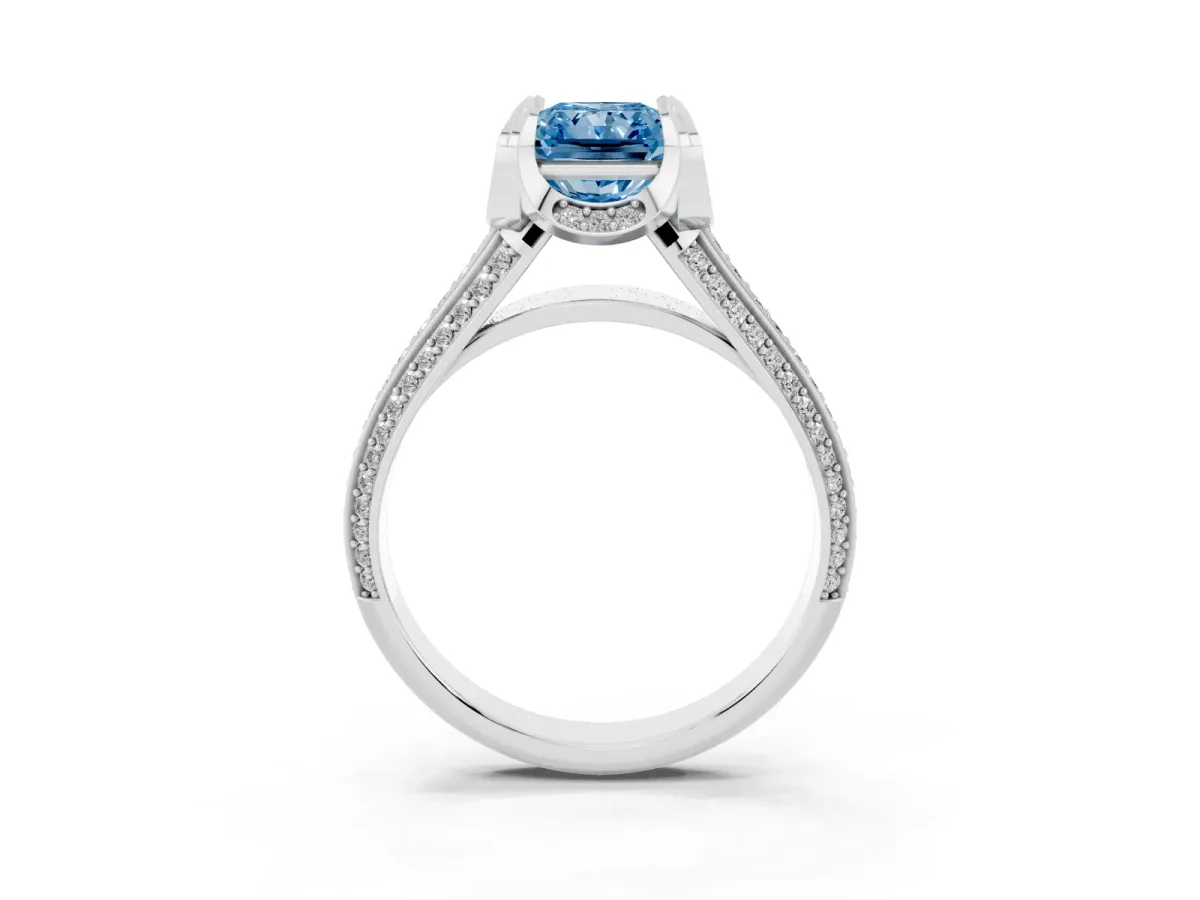 Fancy Blue Radiant Cut Solitaire Pave Split Shank Ring with Four-Prong Setting White gold