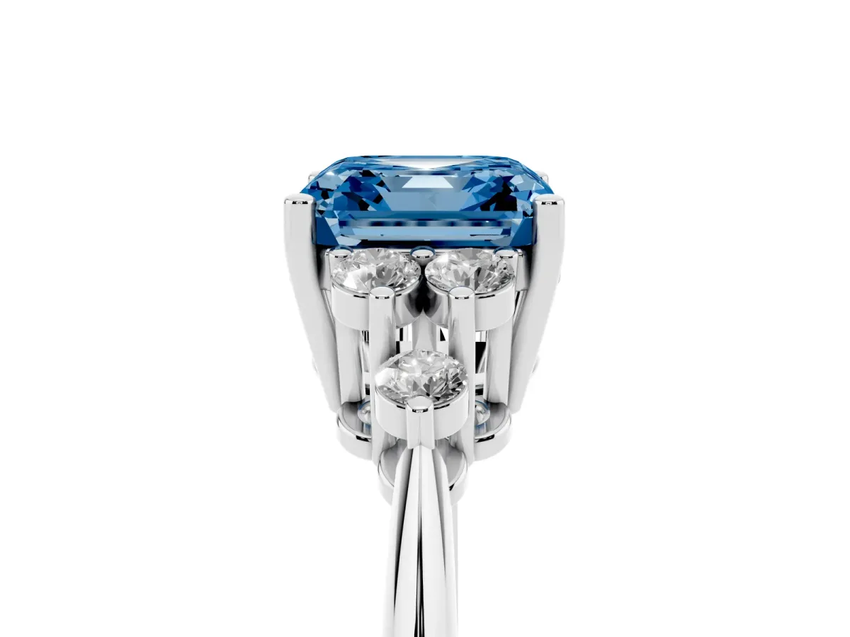Fancy Blue Asscher Cut Cut Diamond Cluster Ring with Solitaire Band and Four-Prong Setting Silver