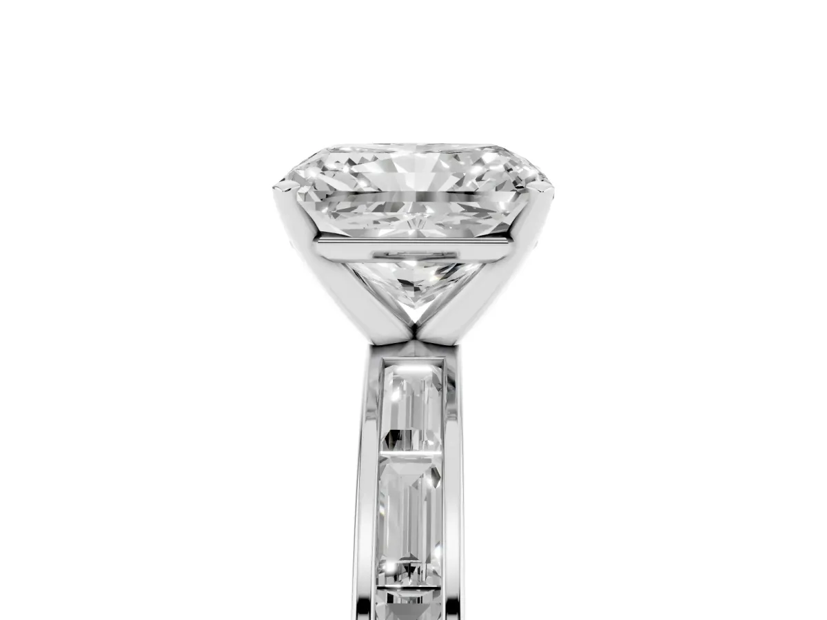 Radiant Cut Solitaire Diamond Ring with Channel-Set Baguette Band and Four-Prong Setting White gold