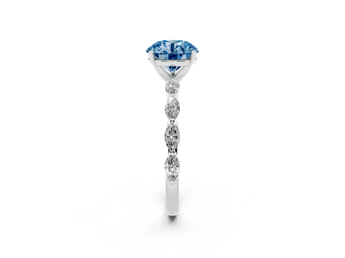Fancy Blue Round Cut Diamond Ring with Marquise Side Stones and Prong Setting Platinum