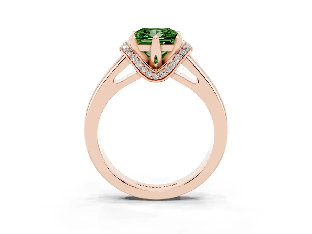 Fancy Green Princess Cut Solitaire Diamond Ring with Pave Band and Six-Prong Setting Rose gold