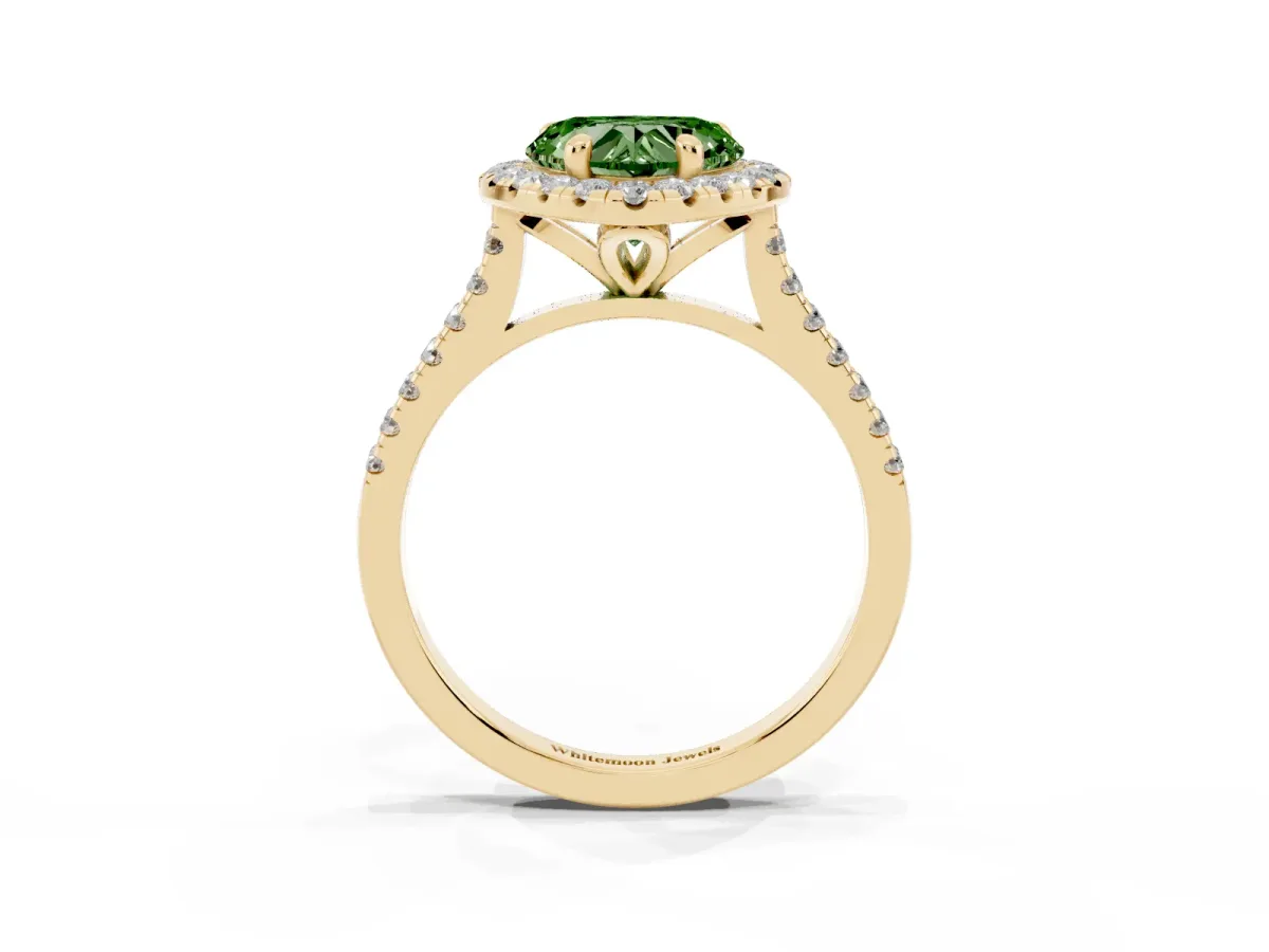 Fancy Green Heart Cut Diamond Cushion Halo Ring with Pavé Band Yellow gold