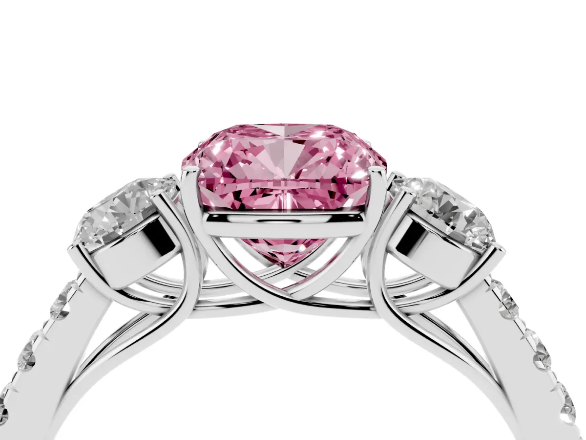 Fancy Pink Cushion Cut Cut Diamond Three-Stone Ring with Round Side Stones and Pavé Band Platinum