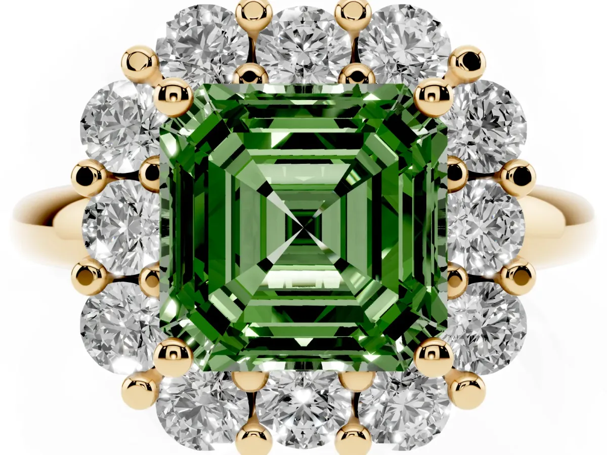 Fancy Green Asscher Cut Halo Cluster Diamond Engagement Ring with Prong Setting and Polished Band Yellow gold