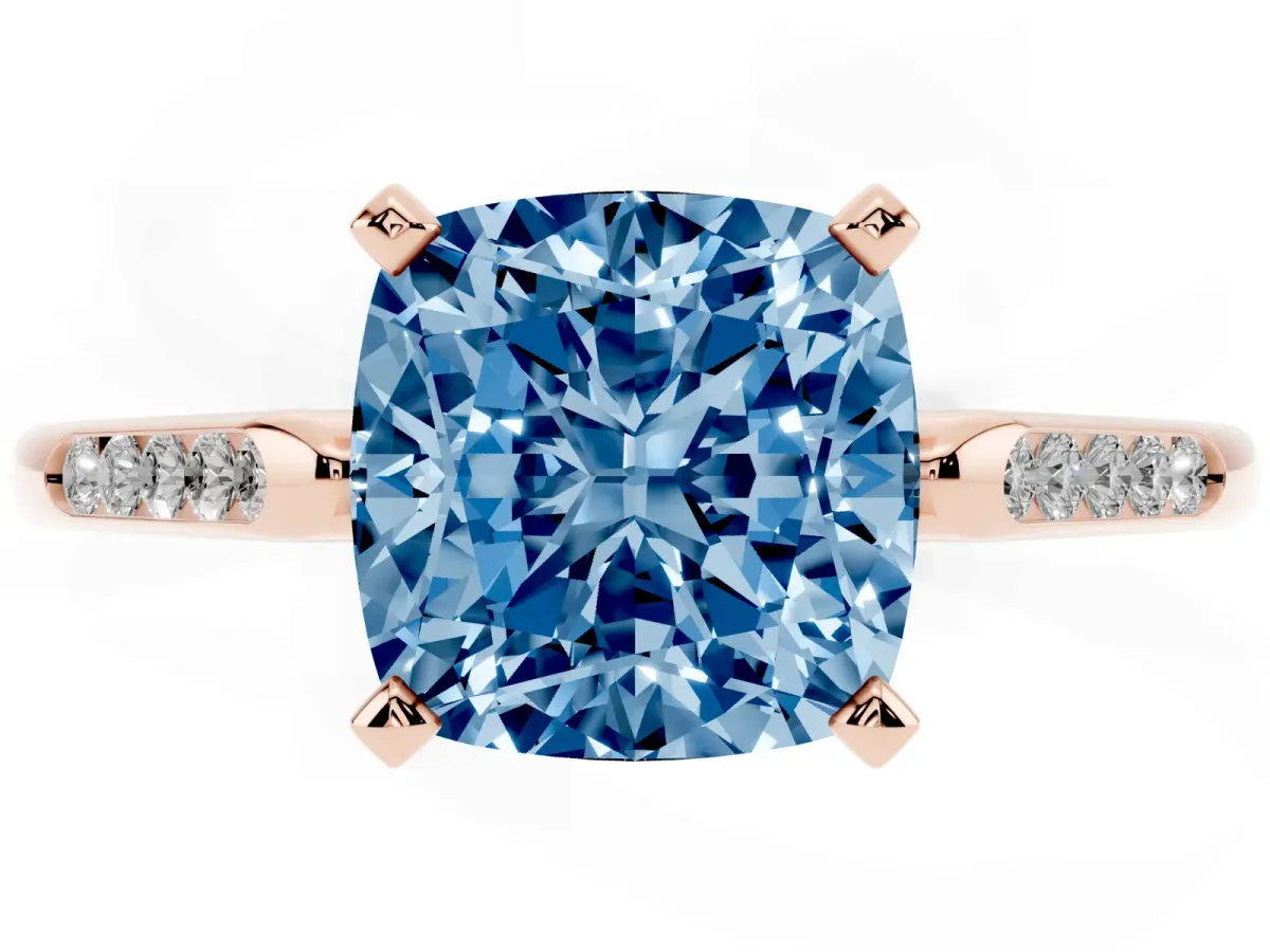 Fancy Blue Cushion Cut Diamond Solitaire Ring with Channel Set Round Band and Prong Setting Rose gold