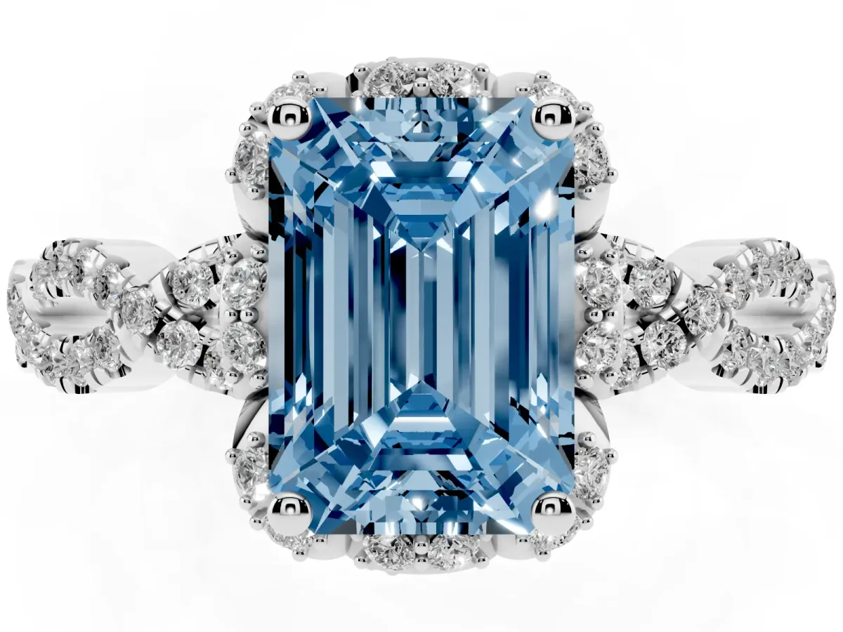 Fancy Blue Emerald Cut Halo Twist Band Solitaire Ring with Six-Prong Setting Silver