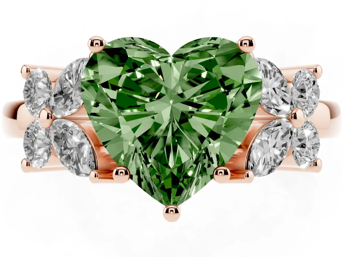 Fancy Green Heart Cut Diamond Floral Cluster Ring with Solitaire Band and Prong Setting Rose gold