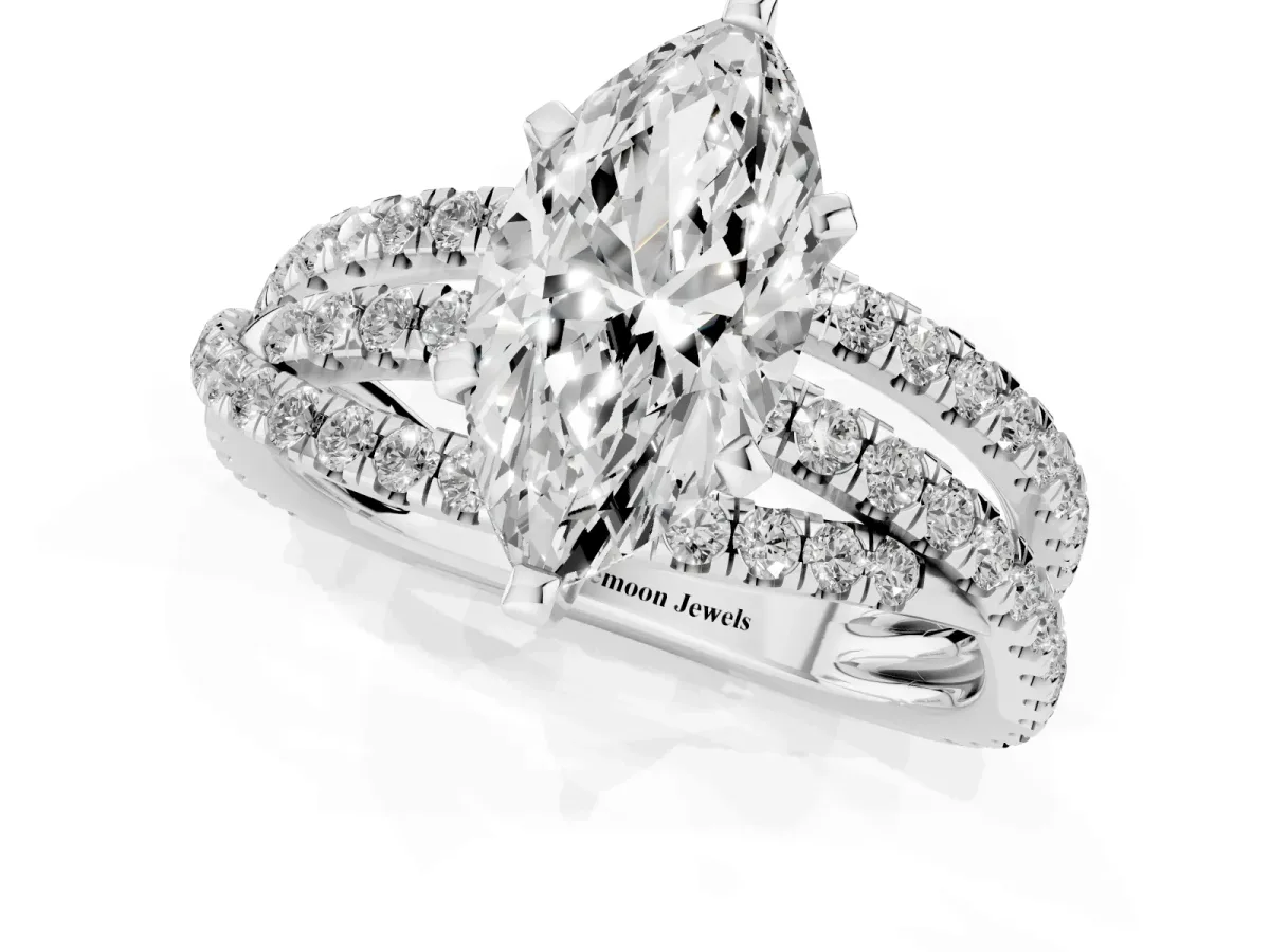 Marquise Cut Solitaire Twist Band with Pavé Setting and Four-Prong Setting Silver