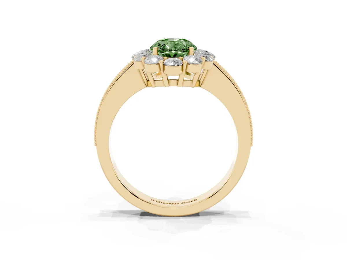 Fancy Green Oval Cut Cut Halo Diamond Pavé Engagement Ring with Milgrain Detailing Yellow gold