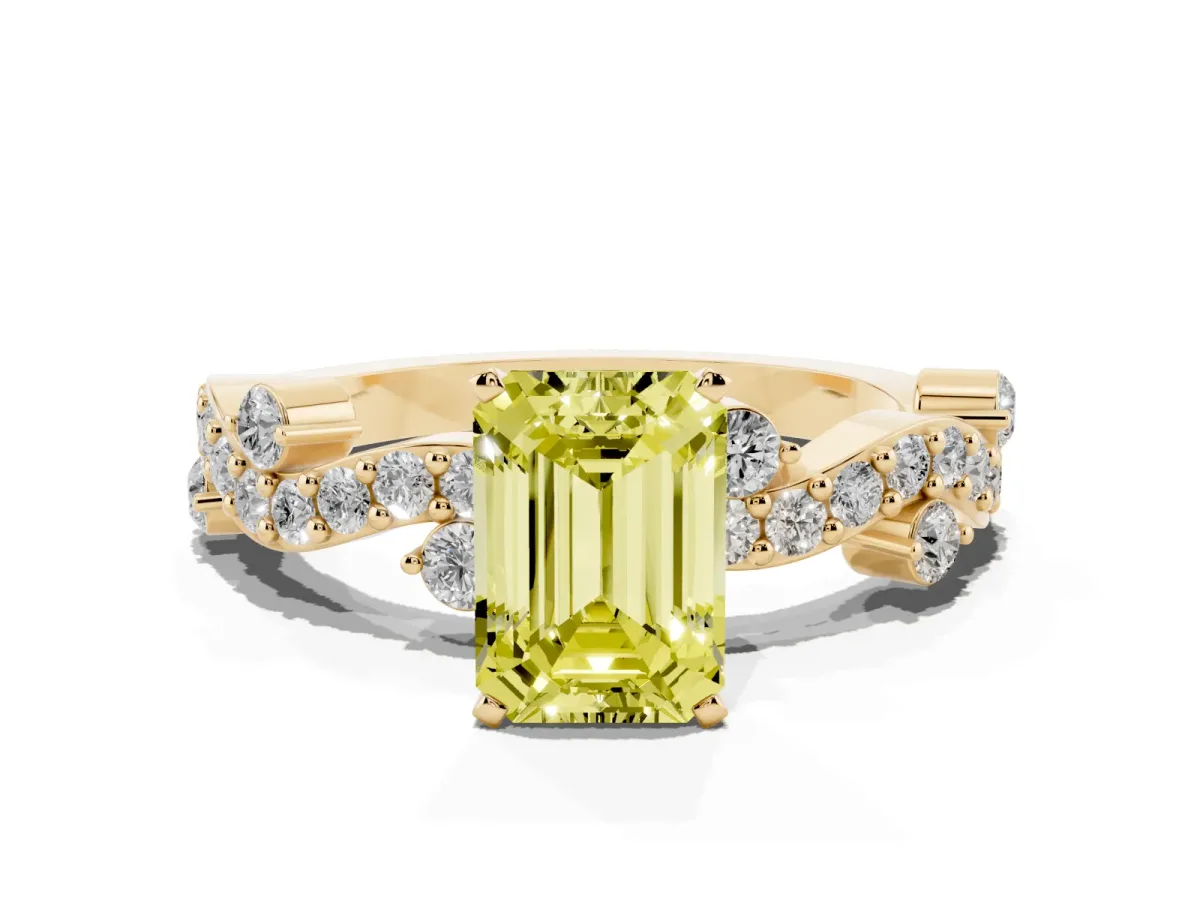 Fancy Yellow Emerald Cut Cut Solitaire Diamond Twisted Band with Pave Setting Yellow gold