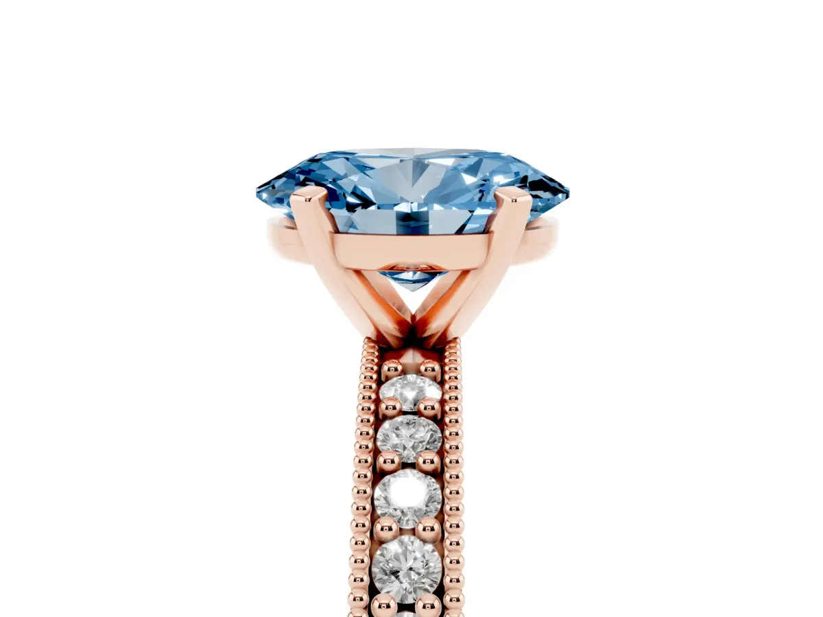 Fancy Blue Oval Cut Diamond Milgrain Pavé Engagement Ring with Four-Prong Setting Rose gold