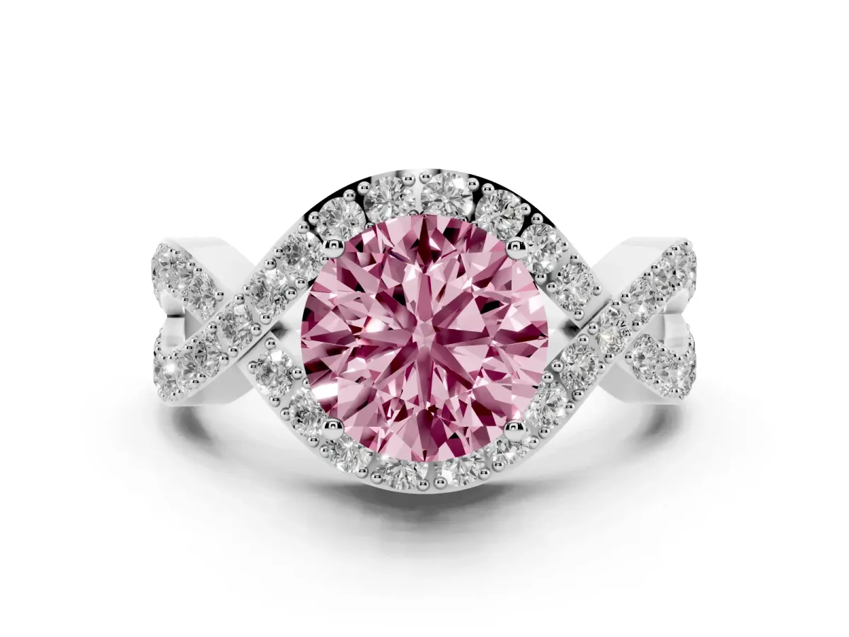 Fancy Pink Round Cut Solitaire Twist Band Pavé Diamond Engagement Ring Silver