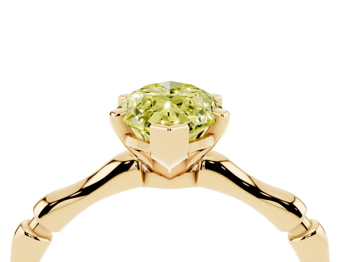 Fancy Yellow Marquise Cut Solitaire Diamond Ring with Bamboo Band and Four-Prong Setting Yellow gold