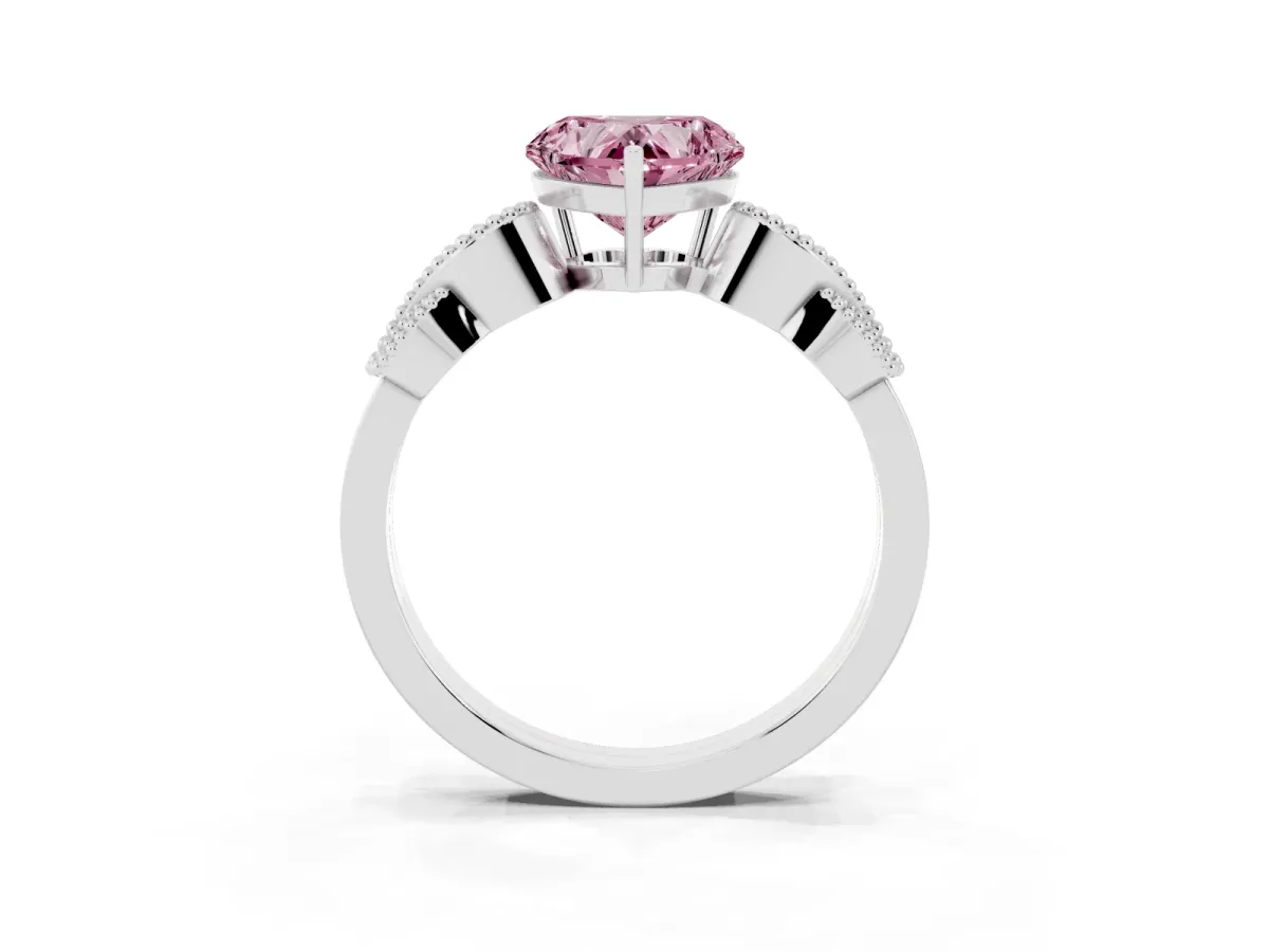 Fancy Pink Heart Cut Solitaire Milgrain Leaf Band with Prong Setting Silver