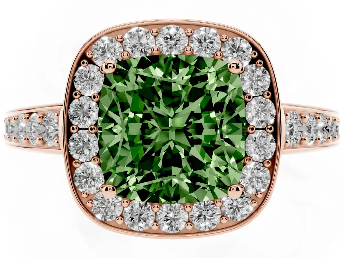 Fancy Green Cushion Cut Halo Pavé Diamond Engagement Ring with Bezel Setting Rose gold