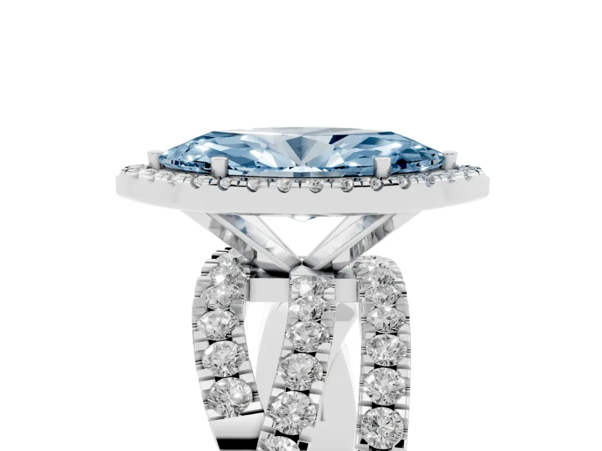 Fancy Blue Marquise Cut Diamond Halo Ring with Round Split Shank and Prong Setting Platinum